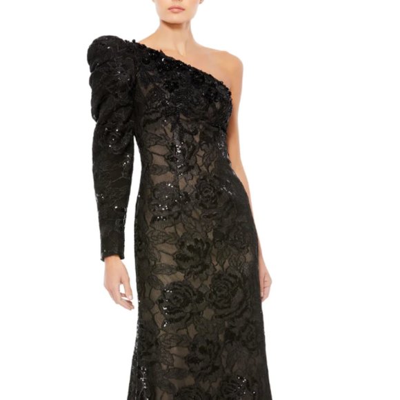 MAC DUGGAL 12444 EMBELLISHED ONE PUFF LONG SLEEVE TRUMPET BLACK GOWN sz 4 - Picture 1 of 6